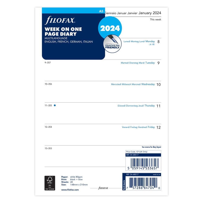 Filofax Refill Classic Week Per Page A5 ML 2024