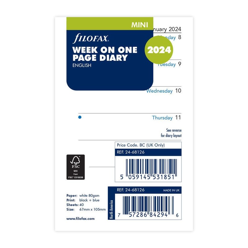 Filofax Refill Traditional Week Per Page Mini 2024