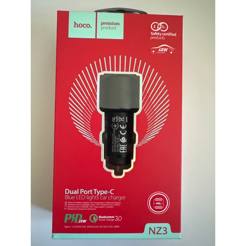 Hoco Dual Port Type-C Car Charger with Blue LED Lights