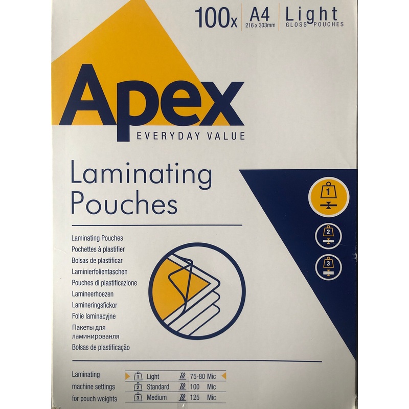 Apex A4 Laminating Pouches  Light Gloss (100 Pack)