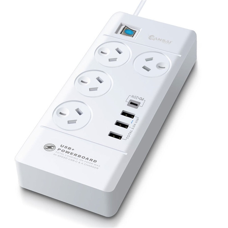 Sansai PAD-8044 4 Outlet USB-A & USB-C Powerboard w/Master On/Off switch & Surge and overload protected & 5-watt USB-A port 20 watt USB-C port &1 metre lead & Right angle power plug