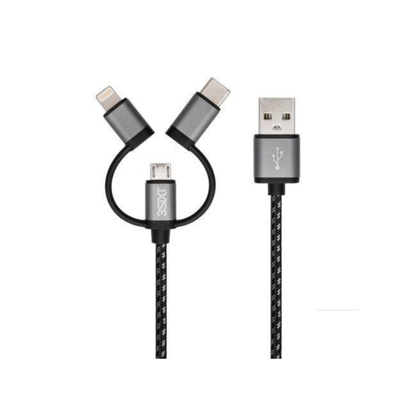 3sixT BLACK Cable – USB-A to Lightning/MicroUSB/USB-C – 1m