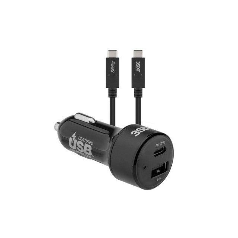 3sixT Car Charger 27W USB-C PD + USB-C/C Cable 1m – Black