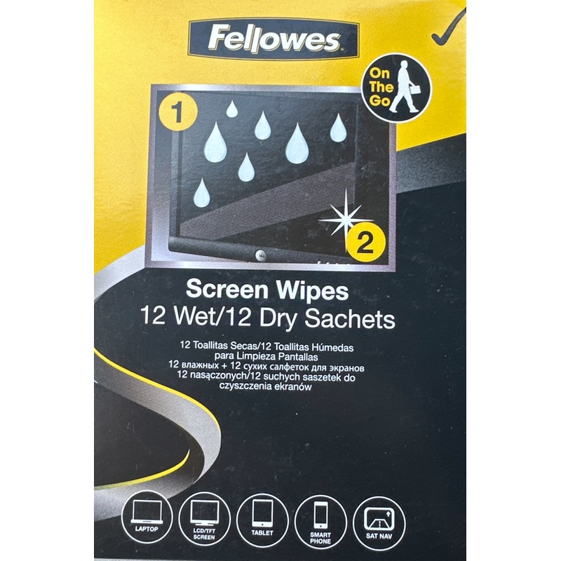 Fellowes Screen Wipes – 12 Wet / 12 Dry Sachets