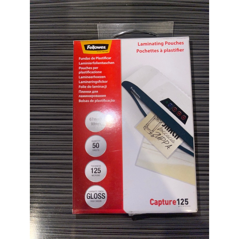 Fellowes Laminating pouches,50 sheets of 67mm x 99mm with thickness of 125microns and gloss high sheen