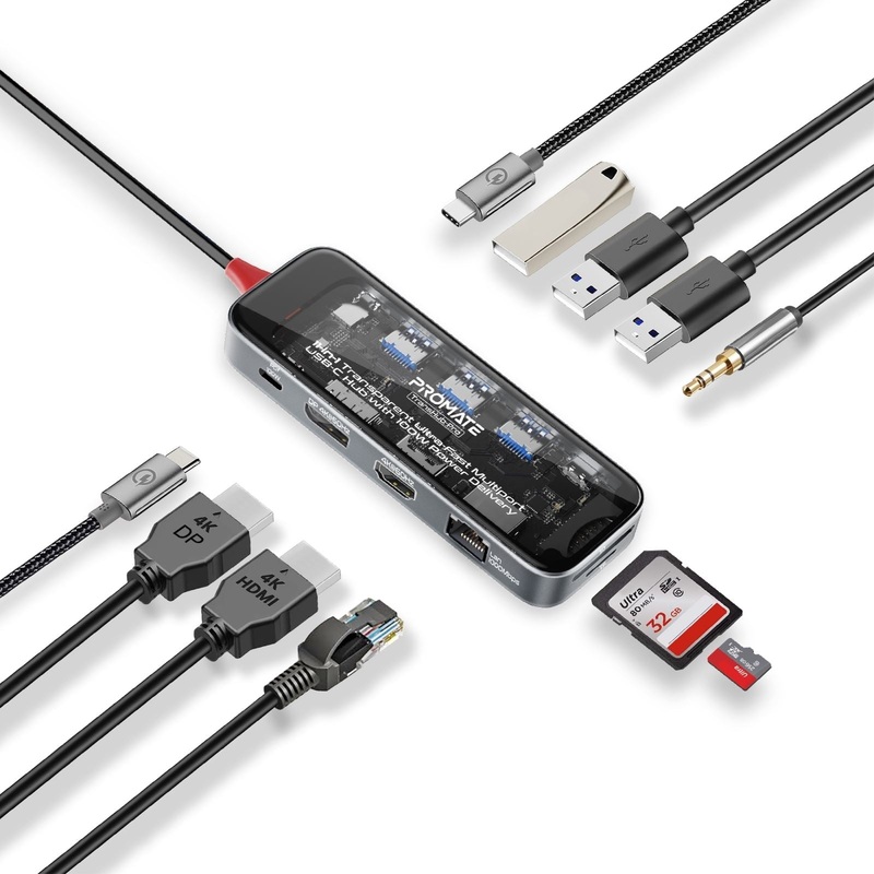 PROMATE 11-in-1 USB Multi-Port Hub with USB-C Connector. Includes 100W PD, Dual Monitor Port (4K HDMI Port and 1080 VGA Port) RJ45 Port, USB-A 3.0/2.0 Ports, AUX, SD/TF Card Reader. Transparent