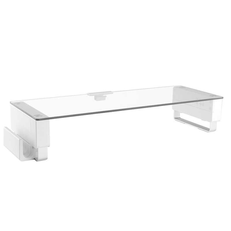 BRATECK Tempered Glass Surface Monitor or Laptop Stand Riser. 3x Height Settings, Cable Management, Side Slots for Tablets, Documents etc, Weight Cap 20Kgs, Dims 613x210x130mm.