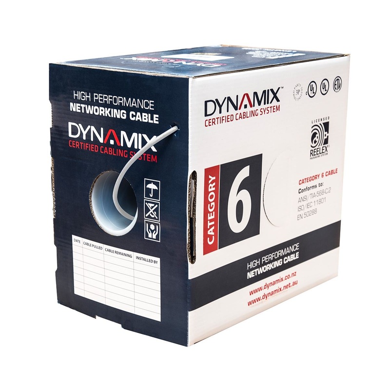 DYNAMIX 305m Cat6 White UTP SOLID Cable Roll, 250MHz, 24AWGx4P. External O.D. 4.9mm PVC CM UL Rated Jacket. Cable Roll in a REELEX II Pull Box.