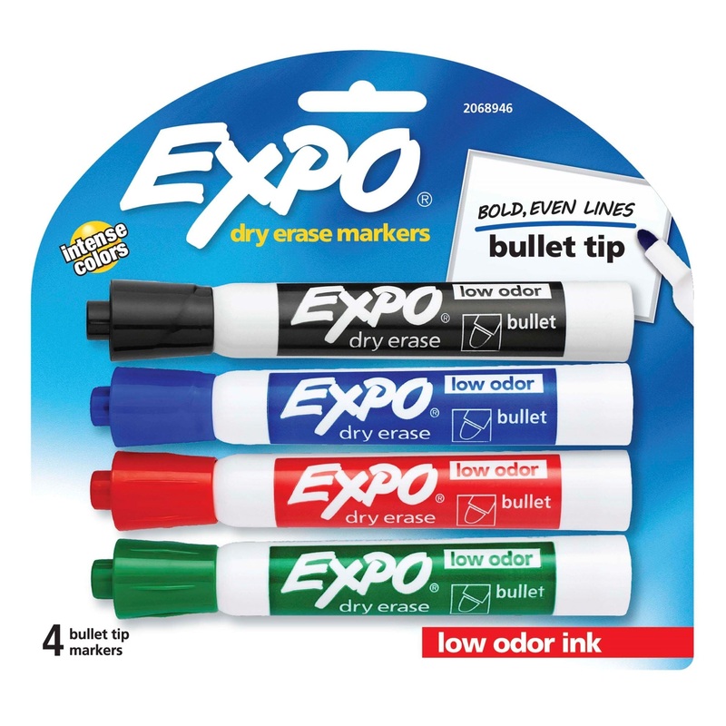 EXPO Dry Erase Markers Bullet Marker 4-Pack. 4x Assorted Colours. Includes Red, Blue, Green, & Black Colours. Bright, Vivid, Non-toxic Ink. Quick Drying. Smear-proof. Erases Cleanly & Easily with Cloth.