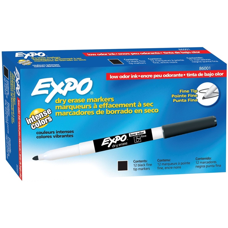 EXPO Dry Erase Markers with Fine Point Tips 12-Pack. Black Colour Bright, Vivid, Non-toxic Ink. Quick Drying. Smear-proof. Erases Cleanly & Easily with Cloth.