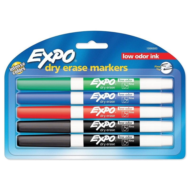 EXPO Dry Erase Markers with Fine Point Tips. 4x Assorted Colours. Includes Red, Blue, Green, & Black Colours. Bright, Vivid, Non-toxic Ink. Quick Drying. Smear-proof. Erases Cleanly & Easily with Cloth.