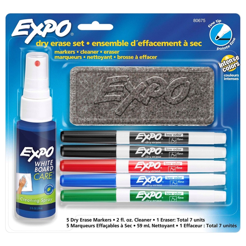 EXPO Dry Erase Markers with Fine Point Tips, Cleaning Spray & Eraser Includes Red, Blue, Green, & Black Colours. Bright, Vivid, Non-toxic Ink. Quick Drying. Smear-proof. Erases Cleanly & Easily with Cloth.
