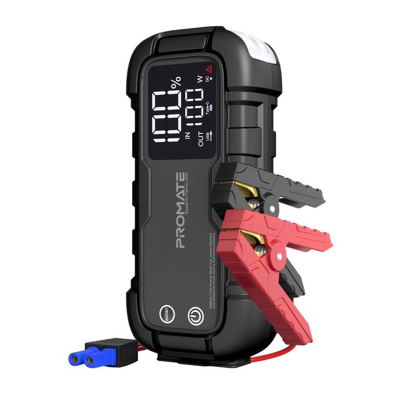 PROMATE 2000A/12V Heavy Duty Car Jump Starter with Power Bank. 20000mAh Power Bank, 280lm LED Torch, Includes Smart Clamps, Built Tough, LED 3.2″ Screen, 2x USB-A Ports. 45W PD.