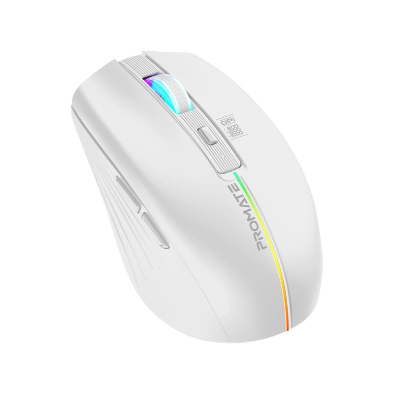 PROMATE Ergonomic Wireless Optical Mouse with LED Rainbow Lights & 500mAh Rechargable Battery. 10m Range. Plug & Play. Supports 800/1200/1600 DPI High Precision. Amidextrous Design. Black Colour.