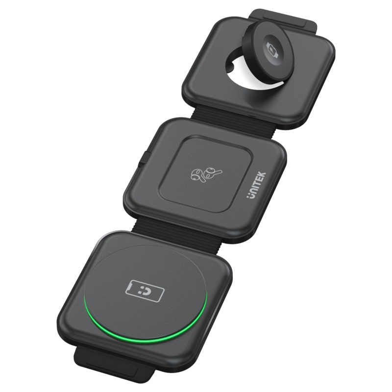 UNITEK 15W Travel MagCharge 3-in-1 Qi Wireless Foldable Phone Charger. Small Flexible & Portable. Wireless Charge Qi Phone, Watch, & Airpods. Converts in to Stand. Includes 1m Cable. USB-C Input. Black Colour.