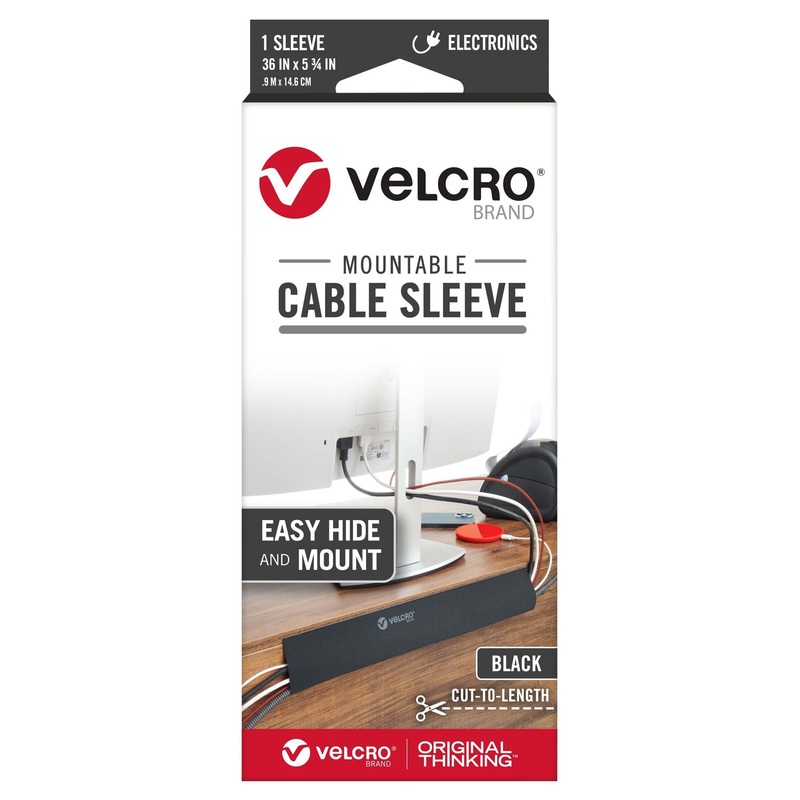 VELCRO Mountable Cable Sleeves. Mount Electrical Cords out of Sight Easy to Add or Change Cables. Removable Adhesive. Under Desk Management Solution. 203x120mm. 2x Sleeve Pack. Black Colour.