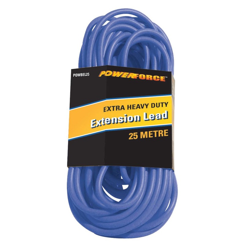 POWERFORCE 25m 15A Extra Heavy Duty Power Extension Lead 3 Core 1.5mm Cable. Power-On LED in Clear Moulded Plastic. 15A Plug. Blue Colour.