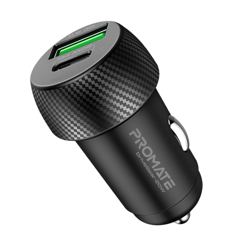 PROMATE 20W Dual Port Car Charger with QC3.0 and USB-C Port. Charge two Devices Simultaneously. Built in Surge Protection and Temperature Control. Charge Devices up to 80% in 35 Minutes