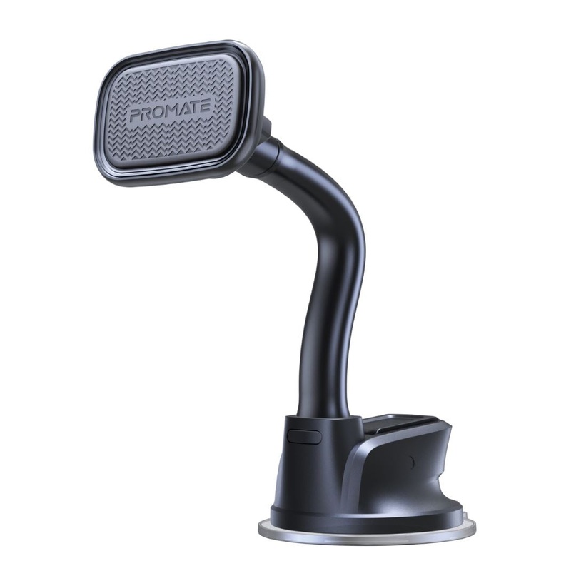 PROMATE 360 Degree Magnetic Universal Car Mount for Smartphones With Anti-Slip Suction Cup Designed for Both Windscreen & Dashboard. Flexible Gooseneck Mount, Metal Ring Included. Black Colour.