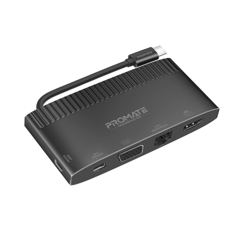 PROMATE 6-in-1 USB Multi Port Hub with USB-C Connector. Includes USB-C, USB-A, HDMI, Ethernet & VGA Ports. 100W Power Delivery. Data Transfer Rate 5Gbps. Supports Win 7/8/10 & Mac OS 10.6 & Above
