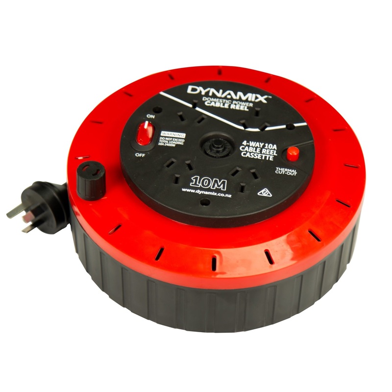 DYNAMIX 10M 4-Way 10A Cable Reel Cassette with DP Switch (on/off). Overload Thermal Cut-out Protection. 3x 1.0mm Cable. Drum Wind Handle for Retracting. Easy Recoil. Plastic Case. Black Cable.