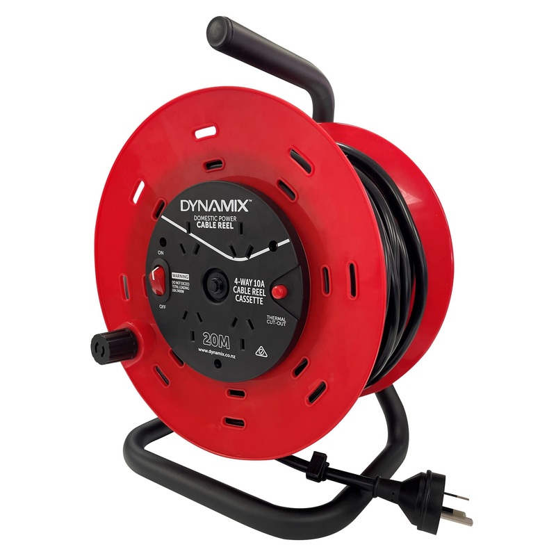 DYNAMIX 20M 4-Way 10A Heavy Duty Cable Reel with DP Switch (on/off). Includes Overload Thermal Cut-out Protection, Drum Wind Handle for Retracting, Steel Frame, Carry Handle. Red Case/Black Cable.