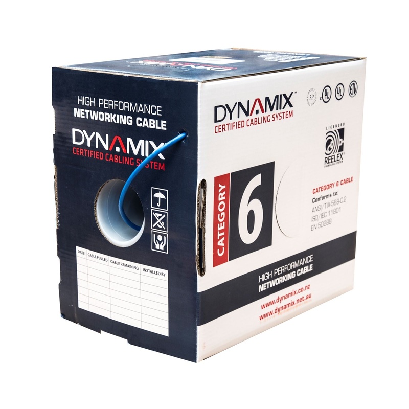DYNAMIX 305m Cat6 Blue UTP SOLID Cable Roll, 250MHz, 24AWGx4P. External O.D. 4.9mm PVC CM UL Rated Jacket. Cable Roll in a REELEX II Pull Box.