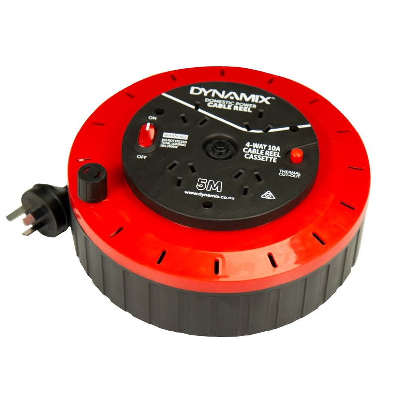 DYNAMIX 5M 4-Way 10A Cable Reel Cassette with DP Switch (on/off). Overload Thermal Cut-out Protection. 3x 1.0mm Cable. Drum Wind Handle for Retracting. Easy Recoil. Plastic Case. Black Cable.