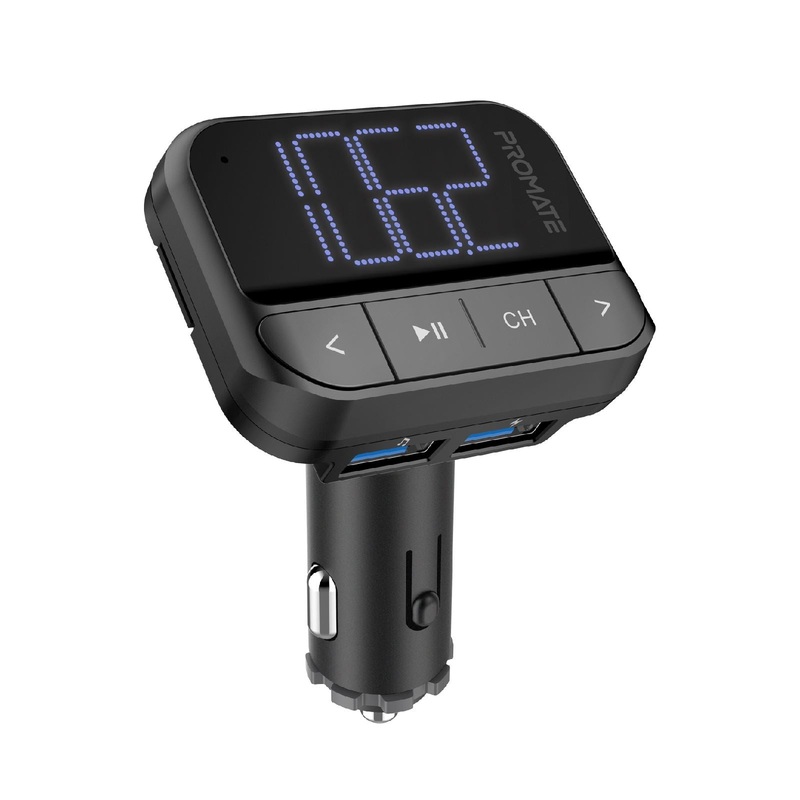 PROMATE Wireless In-Car FM Transmitter with Dual USB-A ports. Supports Handsfree. Playback from USB, MicroSD, or Flash Drive. Remote Control. LCD Display. Easy Plug-n-Play. Black Colour.