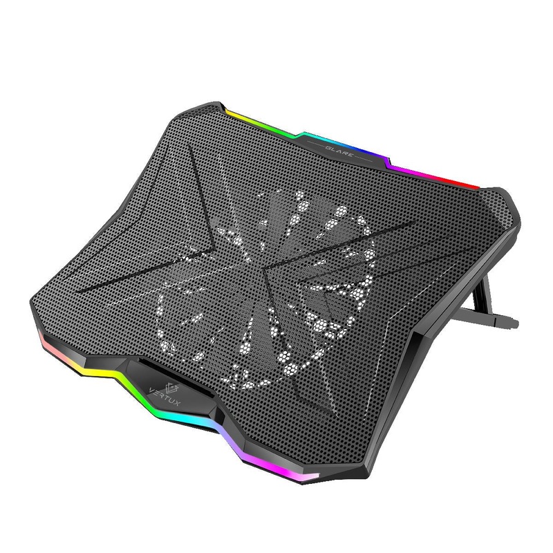 VERTUX Gaming Portable Height Adjustable Cooling Pad with Rainbow LED Lights. Anti-slip. 7 Adjustable Height Settings. Supports up to 17.3″ Notebooks. Black Colour