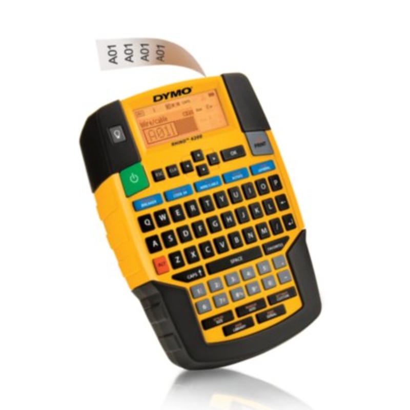 Dymo Rhino 4200 Industrial Label with QWERTY keyboard. Includes over symbols & terms for electrical, pro AV/security and facilities management. Hot Key short cuts. Batteries NOT Included – 6x AAA Req