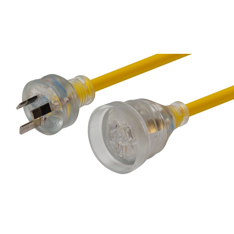 DYNAMIX 10M 240v Heavy Duty Power Extension Lead (3 Core 1.0mm) Power-On LED in Clear Moulded Plastic 10A Plug. Yellow Colour