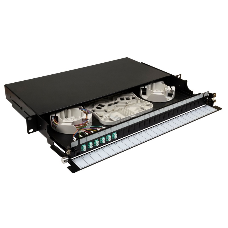 DYNAMIX 19” 1U Fibre Tray 12C LC MM FULLY LOADED w 12x LC Elite OM4 Pigtails 6x LC Duplex Aqua Couplers Splice Cassette, Cable management Sliding Tray with front face Protection labelling Kit