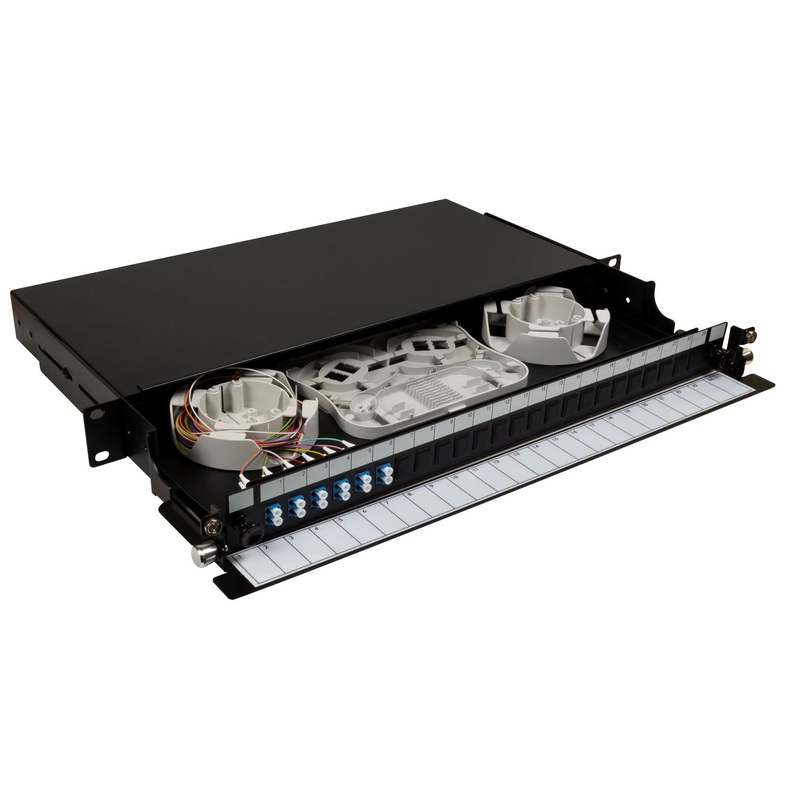 DYNAMIX 19” 1U Fibre Tray 12C LC SM FULLY LOADED w 12x LC Elite OS2 Pigtails 6x LC Duplex Blue Couplers Splice Cassette, Cable management Sliding Tray with front face Protection labelling Kit
