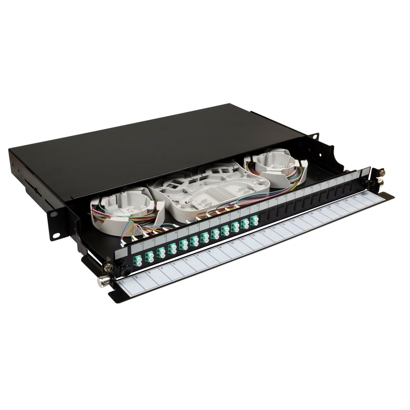 DYNAMIX 19” 1U Fibre Tray 24C LC MM FULLY LOADED w 24x LC Elite OM4 Pigtails 12x LC Duplex Aqua Coupler Splice Cassette, Cable management Sliding Tray with front face Protection labelling Kit