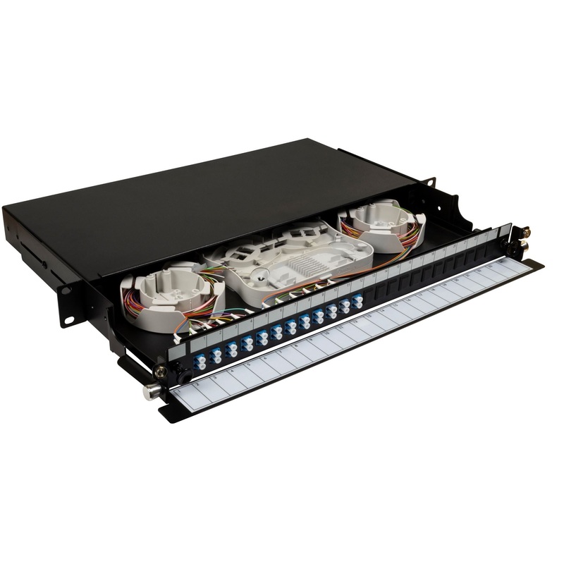 DYNAMIX 19” 1U Fibre Tray 24C LC SM FULLY LOADED w 24x LC Elite OS2 Pigtails 12x LC Duplex Blue Coupler Splice Cassette, Cable management Sliding Tray with front face Protection labelling Kit