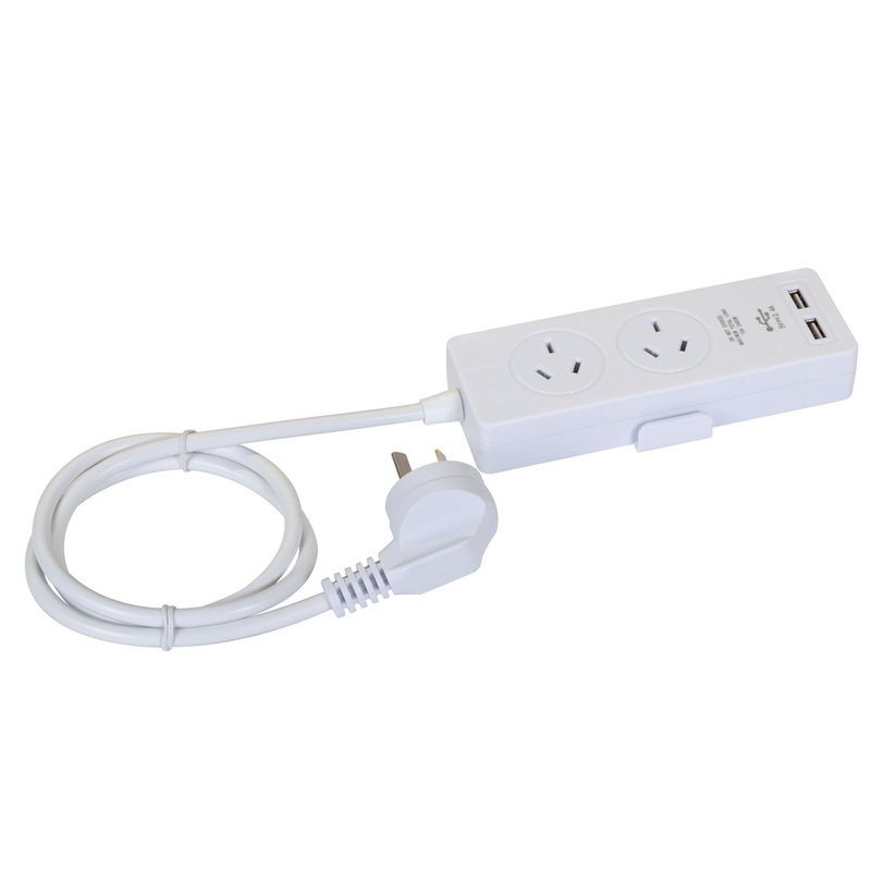 DYNAMIX 2-way Powerboard with 2x USB 2.4A Rapid Charging Ports. Includes Built-in Phone or Tablet Holder Tray. 1m Power Cable. Safety Overload Protection. For Indoor Use ONLY.