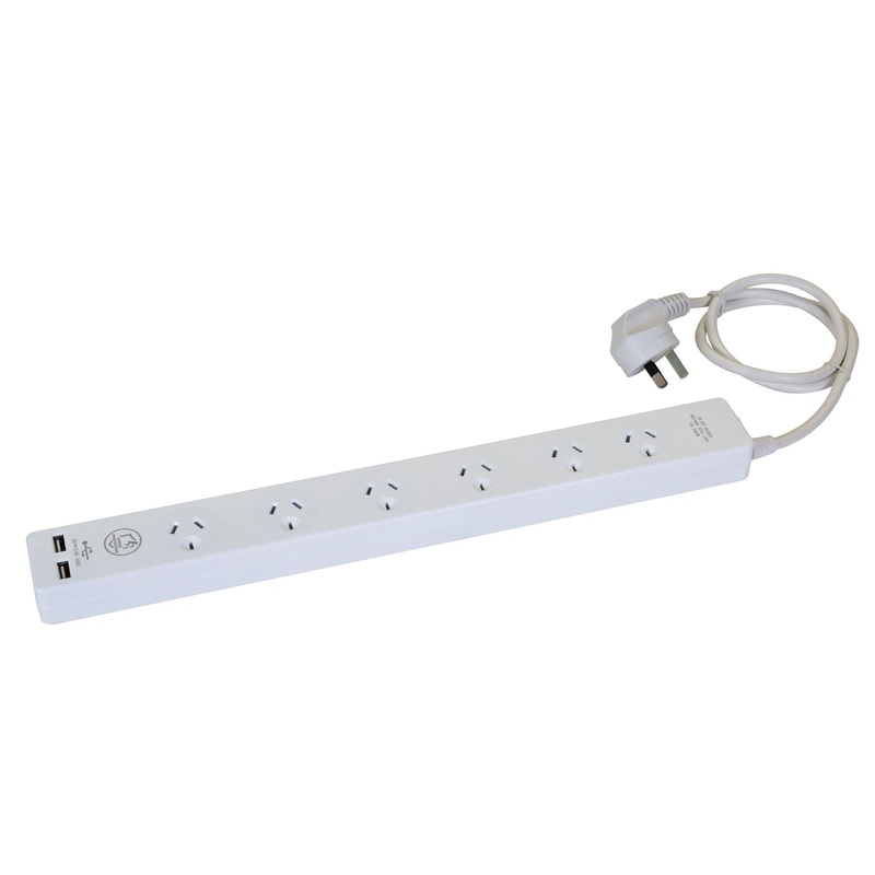 DYNAMIX 6-way 10A Home & Office Powerboard with two USB 3.4A Rapid Charging Ports. Safety Overload with Push Button Reset. Includes 1m Power Cable. For Indoor Use ONLY.