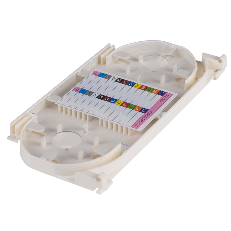 DYNAMIX Splice Tray 24FO. Holds up to 12 or 24 Heat-shrink Splice Protectors. 250m, 600m or up to 900m Buffered Fibres. Accommodates 40-45mm Heat Shrinks. White Colour.