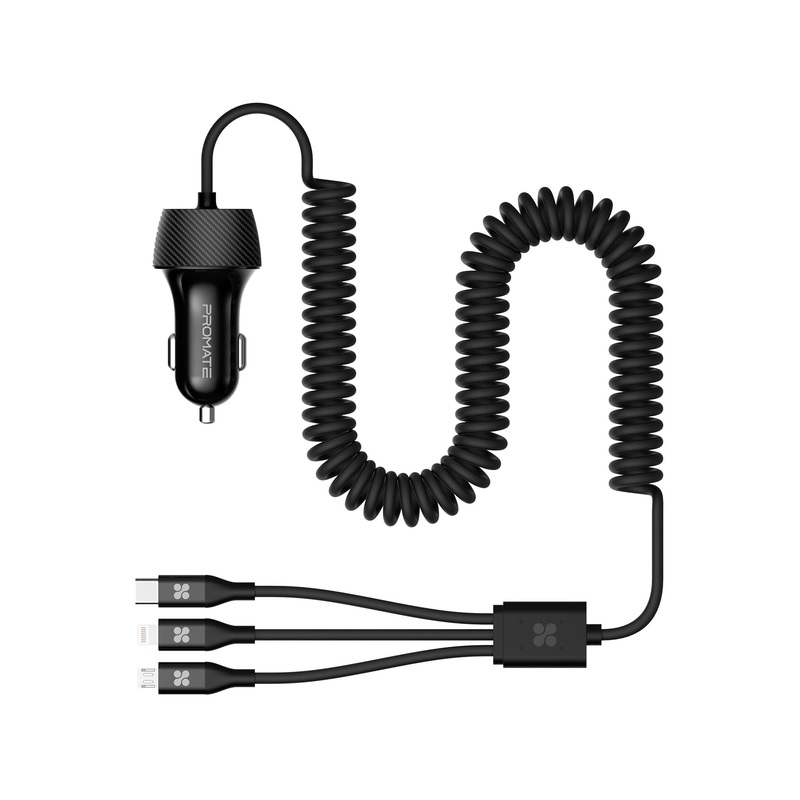PROMATE 3.4A Multi-Connect Coiled Cable Universal Car Charger. USB-C Connector, Micro-USB Connector, Lightning Connector Plus Built-in USB-A Port. Safe Voltage Regulation. Colour Black.