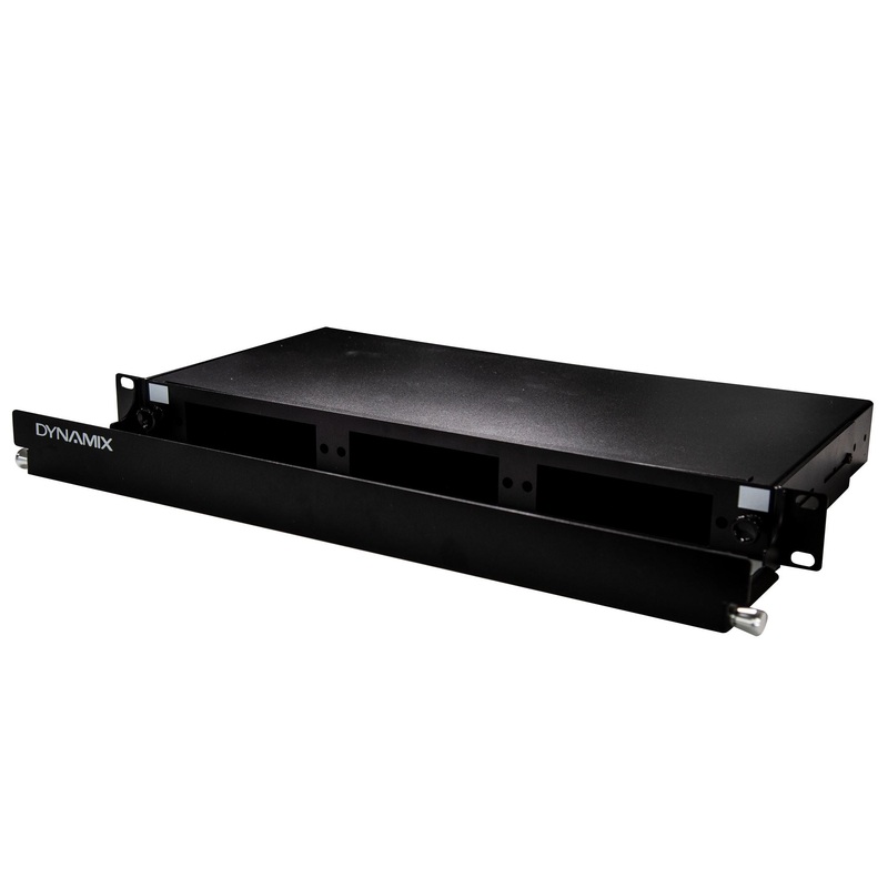 DYNAMIX 19” 1U Fibre Patch Panel Three Slot. Metal Sliding Drawer Black. Supplied with 2x 24 Port Splice Cassette, Cable Management Accessories & Cable Gland, with Front Management.