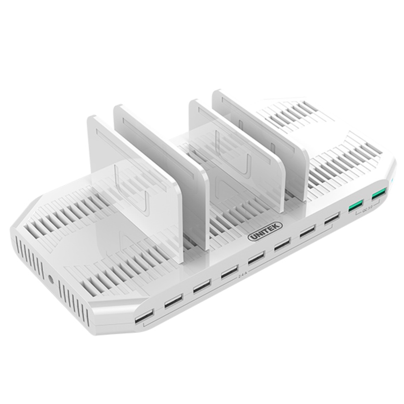 UNITEK 10 Port USB Smart Charging Station (8 Port 2.4A USB-A + 2x Port QC 3.0 USB-A). Max Power: 90W . Rapid charging. Over-charge, over voltage, over heating and short circuit protection.