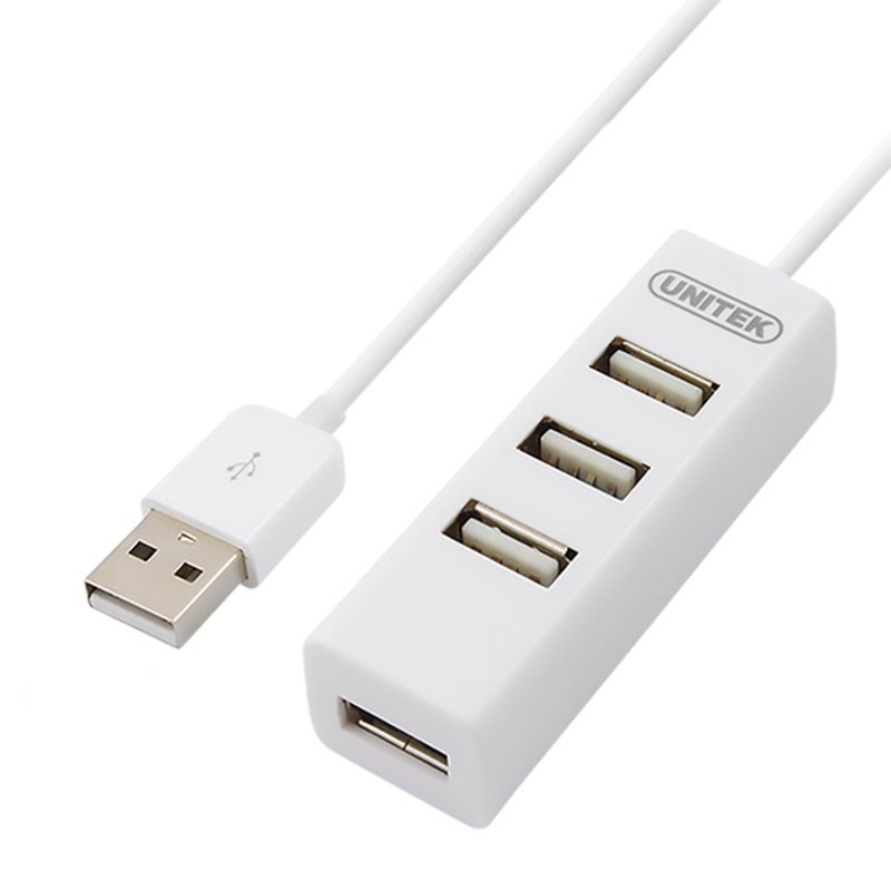 UNITEK USB-A 2.0 4-Port Hub. Plug & play. Backward compatible with USB1.1. Supports data transfer up to 480Mbps. White Colour.