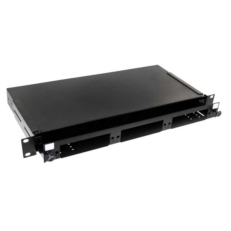 DYNAMIX 19” 1U Fibre Patch Panel 3x Slot Ver5. Metal Sliding Drawer Black. Supplied with 2x 24 Port Splice Cassette, Cable Management Accessories & Cable Gland