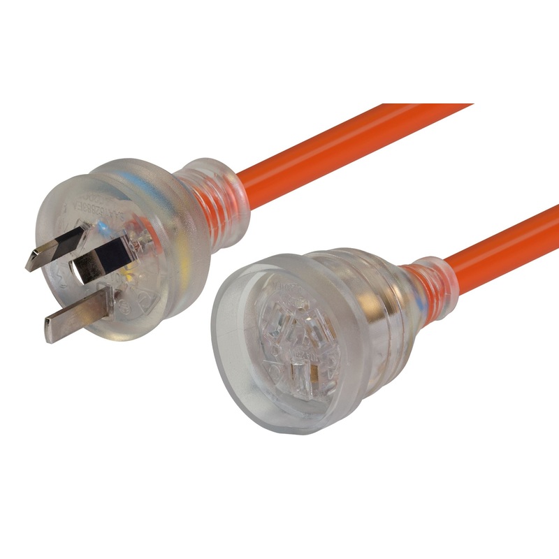 DYNAMIX 20M 240v Extra Heavy Duty Power Extension Lead (3 Core 1.5mm) Power-On LED in Clear Moulded Plastic 10A Plug Orange Colour
