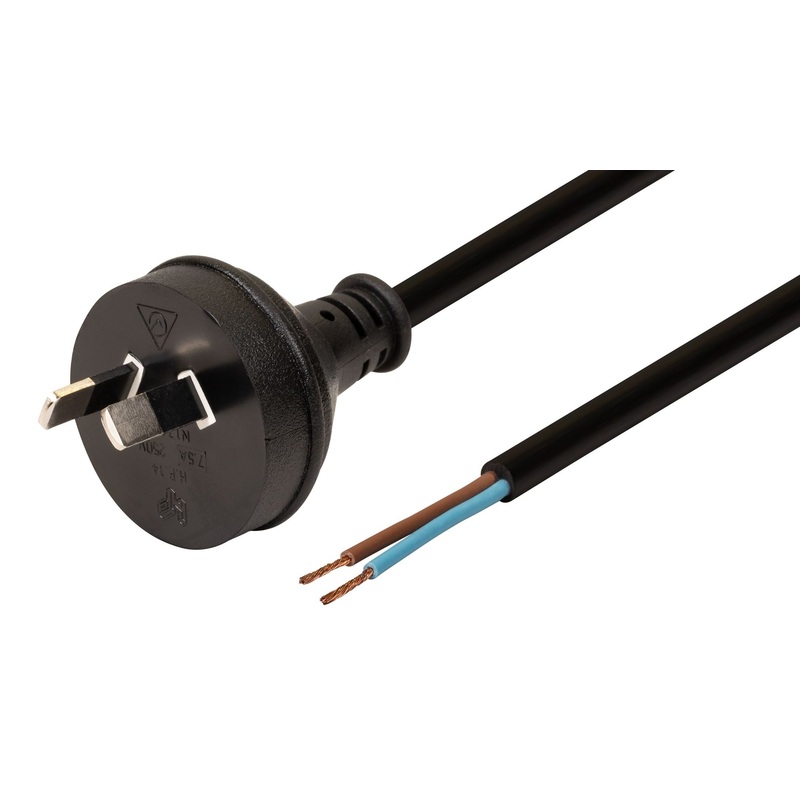 DYNAMIX 2M 2-Pin Plug to Bare End, 2 Core 0.75mm Cable, Black Colour, SAA Approved