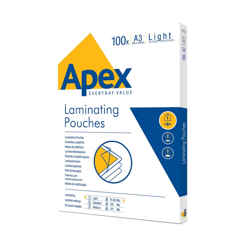 Apex laminating pouches 100x A3 (303 x 426mm) light gloss pouches