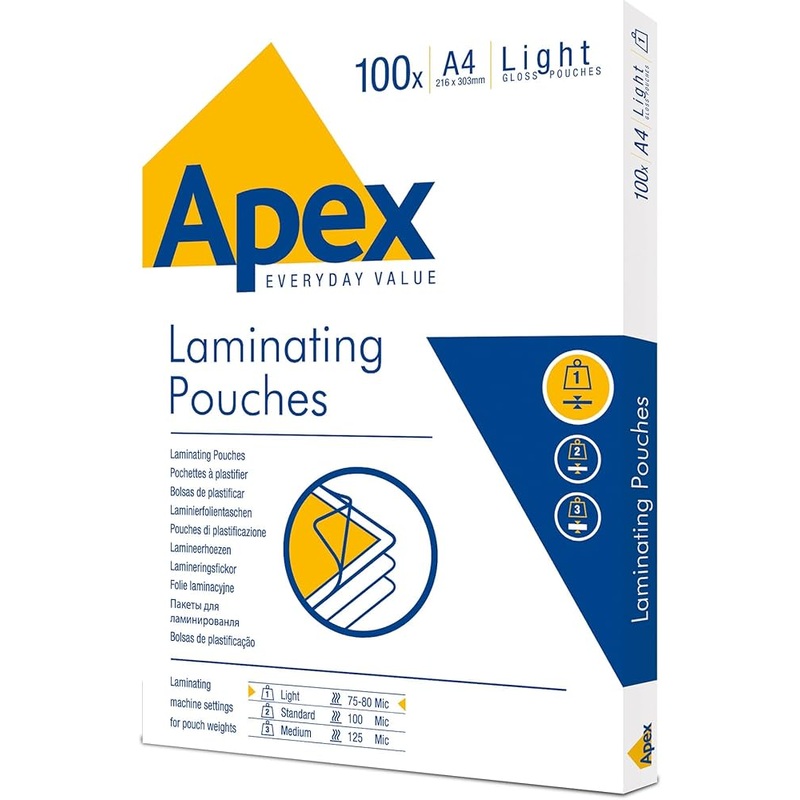 Apex laminating pouches , 200 x A4 216 x 303mm , light gloss pouches