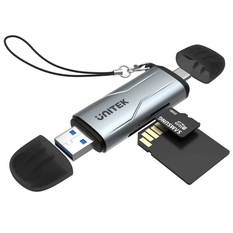 UNITEK 2-in-1 SD 3.0 Card Reader. Dual USB-A & USB-C Connectors. Supports 5Gbps Fast Trasfer Speed, Plug & Play, Alluminium Alloy Body, Space Grey.
