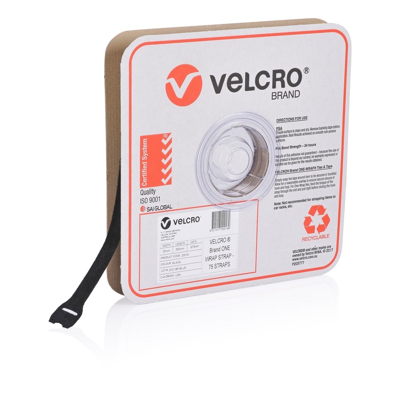 VELCRO One-Wrap 25mm x 300mm Pre-sized Ties. 75 Ties per Roll. Integrated Hook & Loop. Easy Adjustable & Strong. Re-usable. Easy Cable Management. Black Colour
